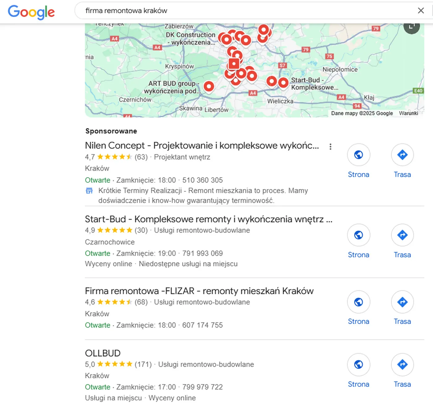Zrzut wyników Google Maps dla frazy firma remontowa kraków, zagęszczenie pinów w okolicy Krakowa