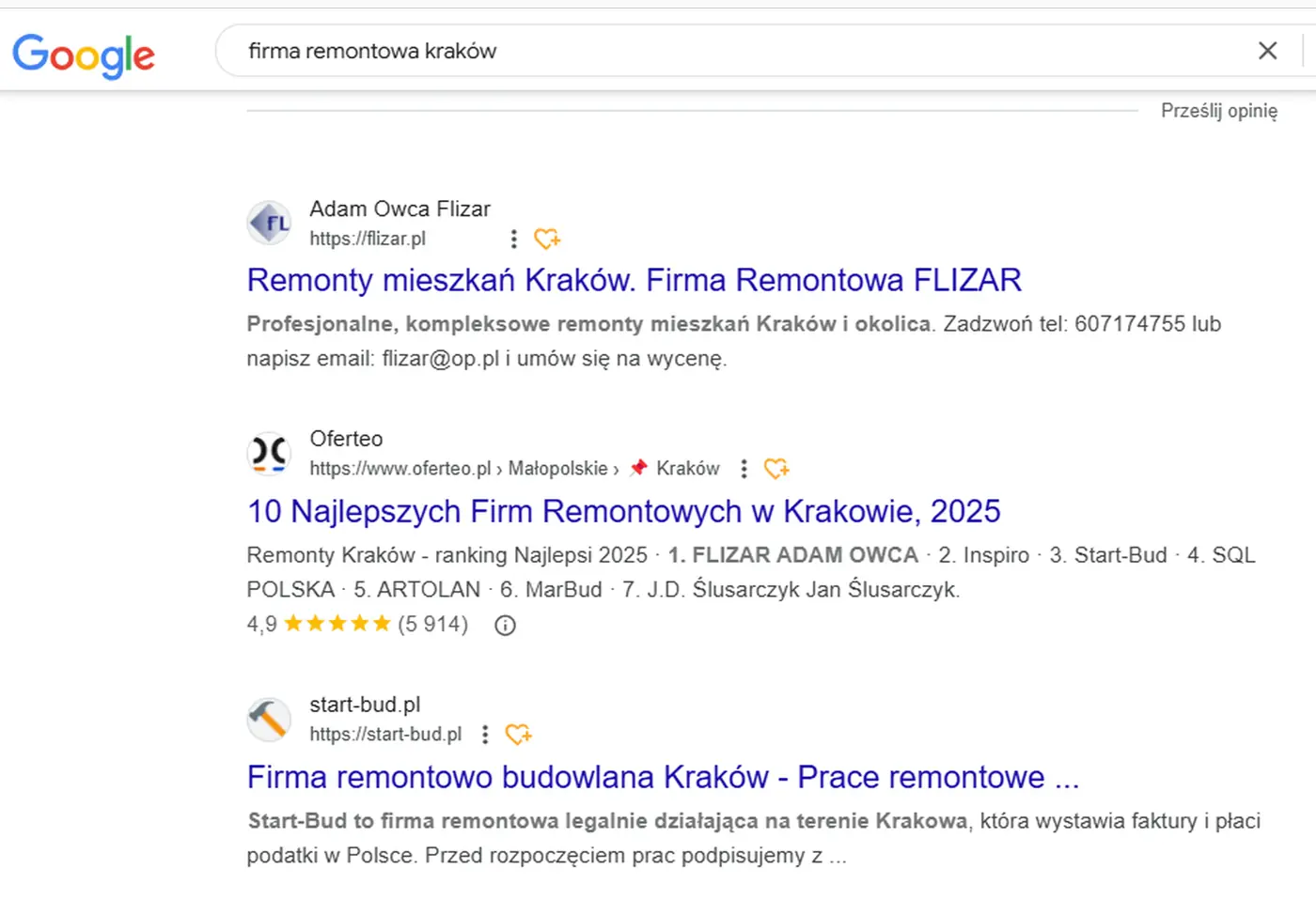 Zrzut organicznych wyników Google dla frazy firma remontowa kraków, agregatory i lokalne firmy konkurencyjne