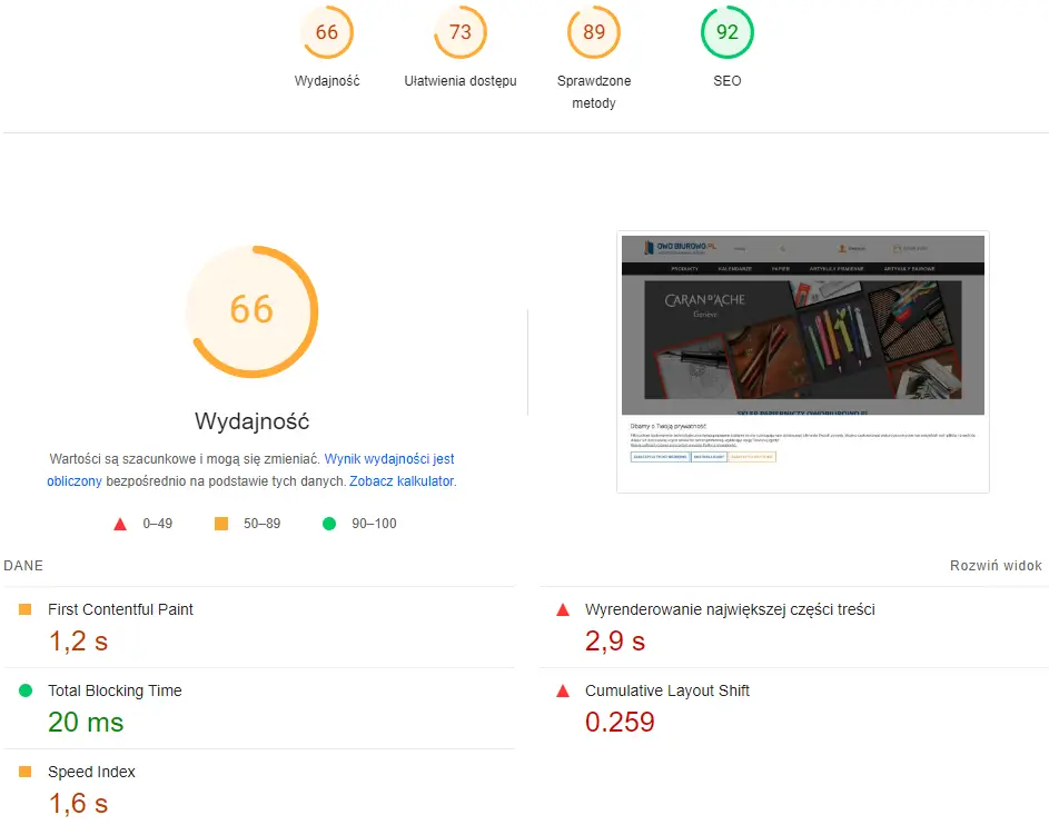 Fragment audytu SEO dla sklepu Owobiurowo.pl, ponad 200 elementów technicznych i contentowych